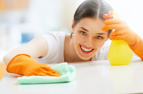 Carpet cleaning team preparing equipment safely in a home interior